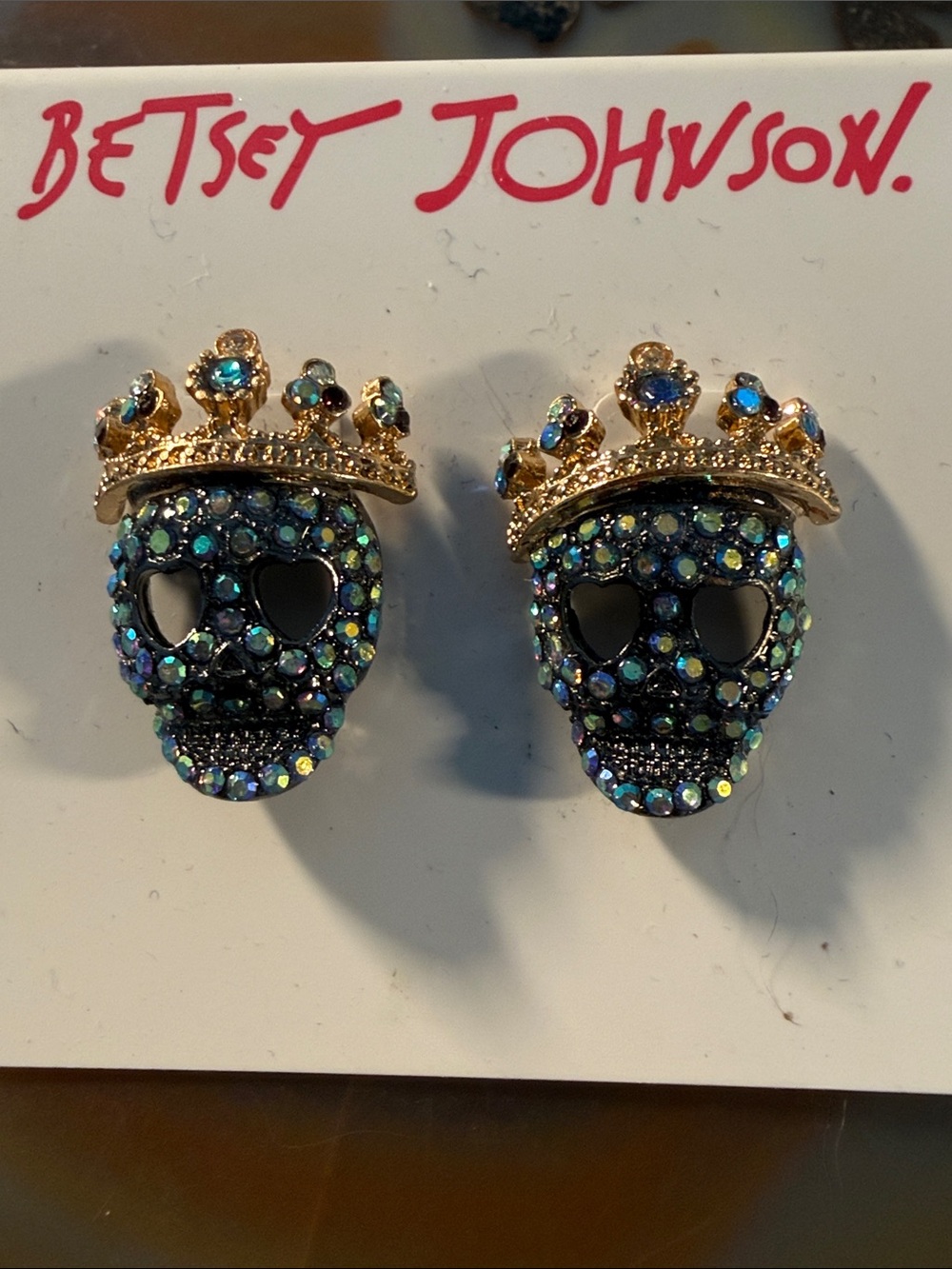 Betsey Johnson Black Skull Crown Earrings with rhinestones NWT